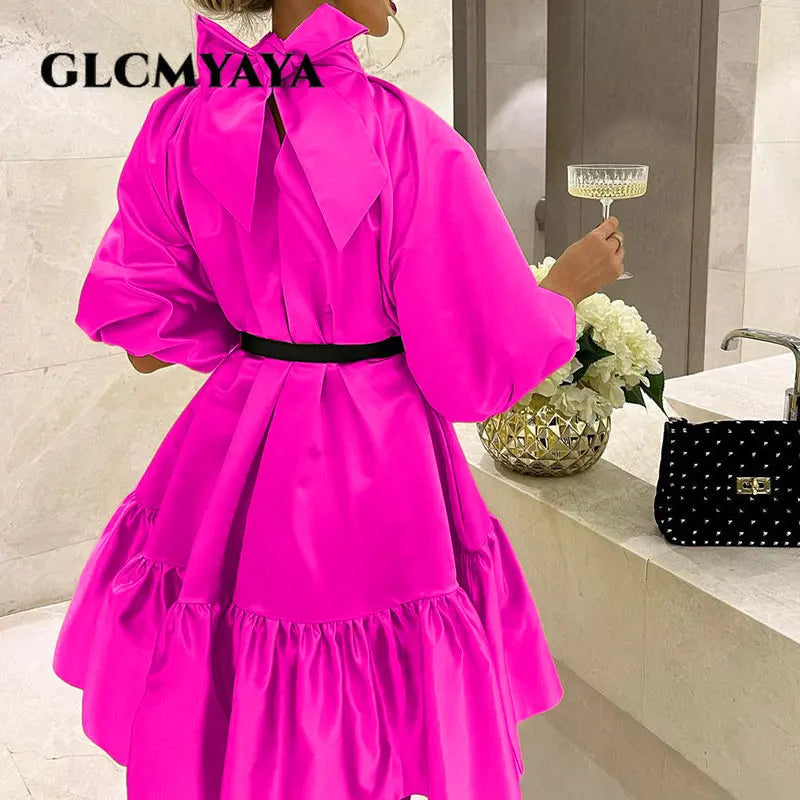 GLCMYAYA Women Ruffles Hem Big Swing Stand Collar Bowknot Hem Lantern Half Sleeve Satin Dress Vestidos 2023 New