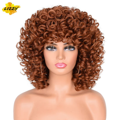 Lizzyhair Red Brown Copper Short Curly Synthetic Wigs for Black Women African Cosplay Natural Afro Wig with Bangs Heat Resistant