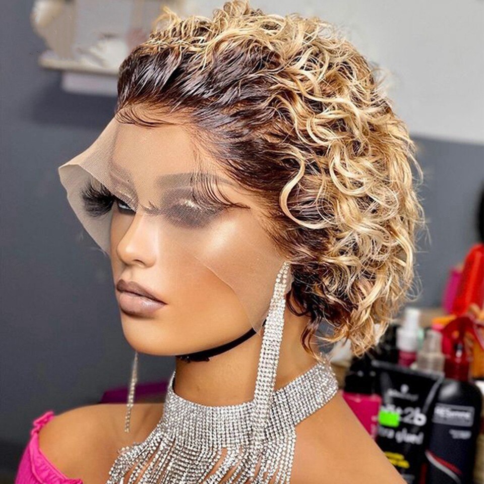 Curly Pixie Cut Wig Short Bob Wig Human Hair Wigs 13x1 T Part Transparent Lace Frontal Wig for Women Natural Brazilian Remy Hair