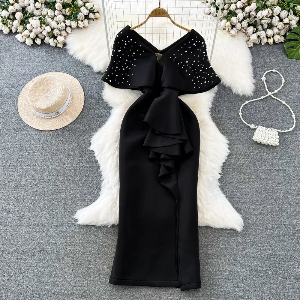 Fashion Women's Dress Sexy V Neck Beading Batwing Sleeve High Waist Ruffles Split Elegant Evening Party Long Gowns Vestidos Robe