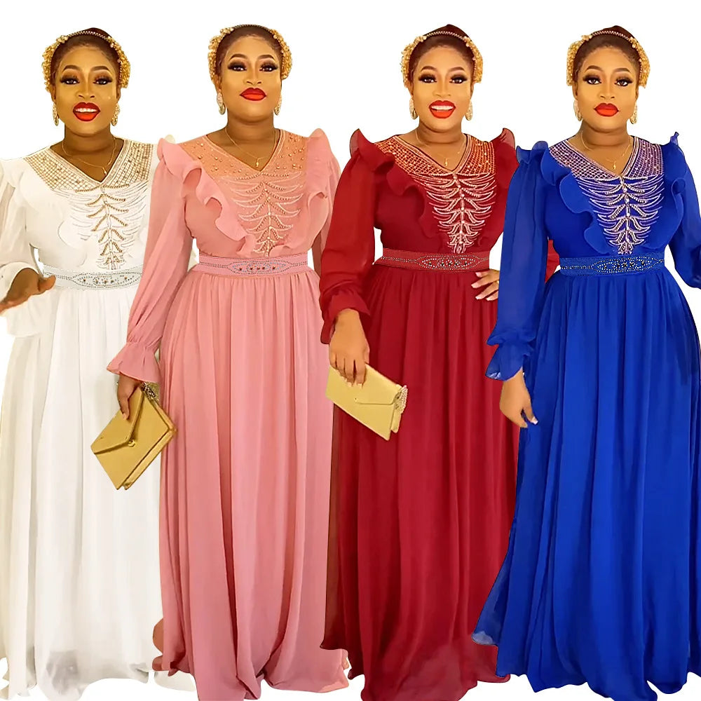 African Maxi Dresses For Women Evening Party Long Dress Africa Clothing Elegant Kaftan Muslim Chiffon Dress 2023 Plus Size