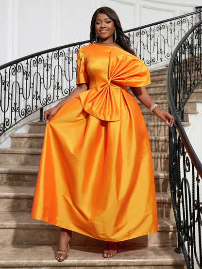 Sweet Women Orange Flare Princess Party Dress O Neck Short Sleeve Big Bow Elegant Pleated Gowns Formal Prom Birthday Event Robes