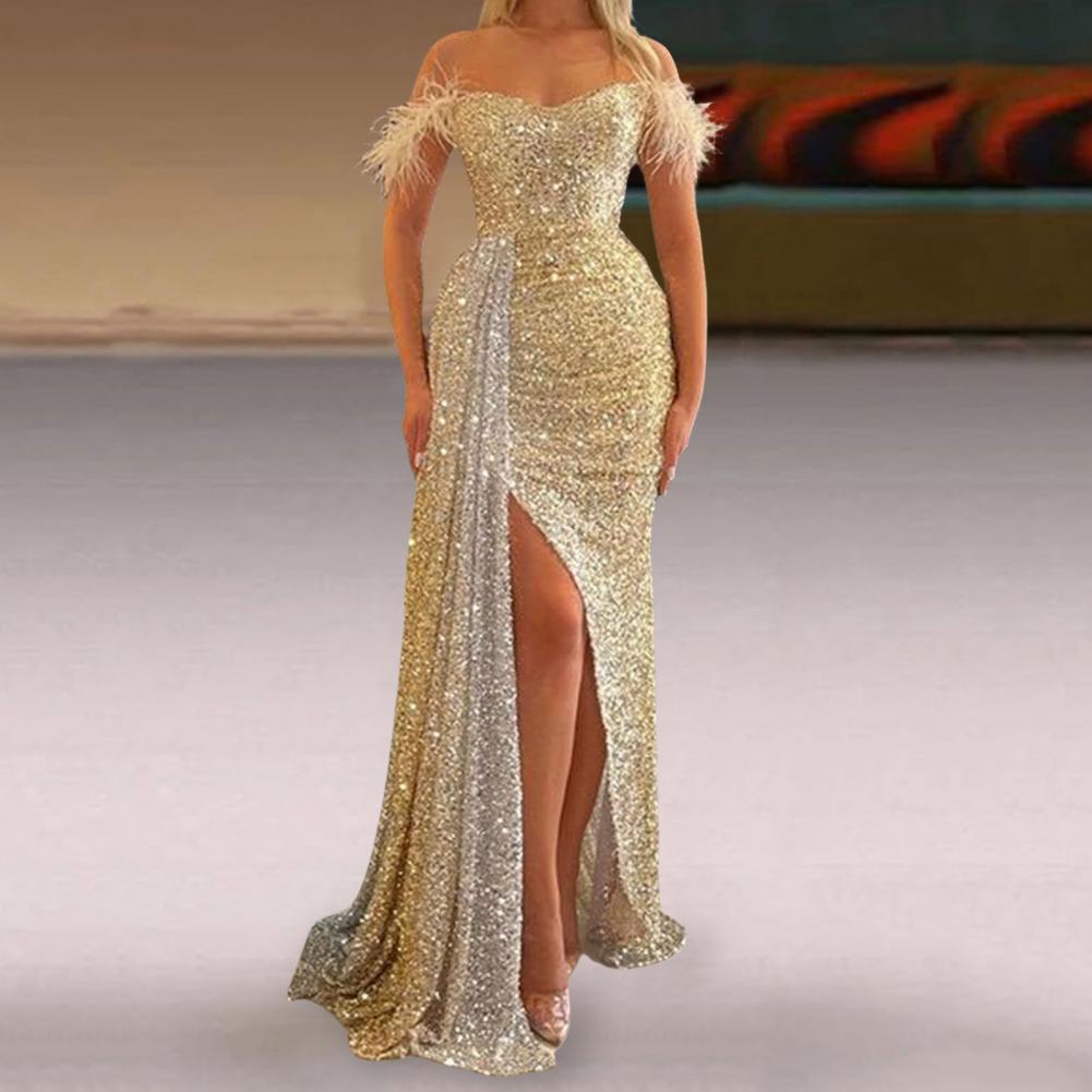 Popular Sexy Dress Waist Tight Slim Fit Backless Long Evening Gowns Female Golden Sequins Maxi Dress