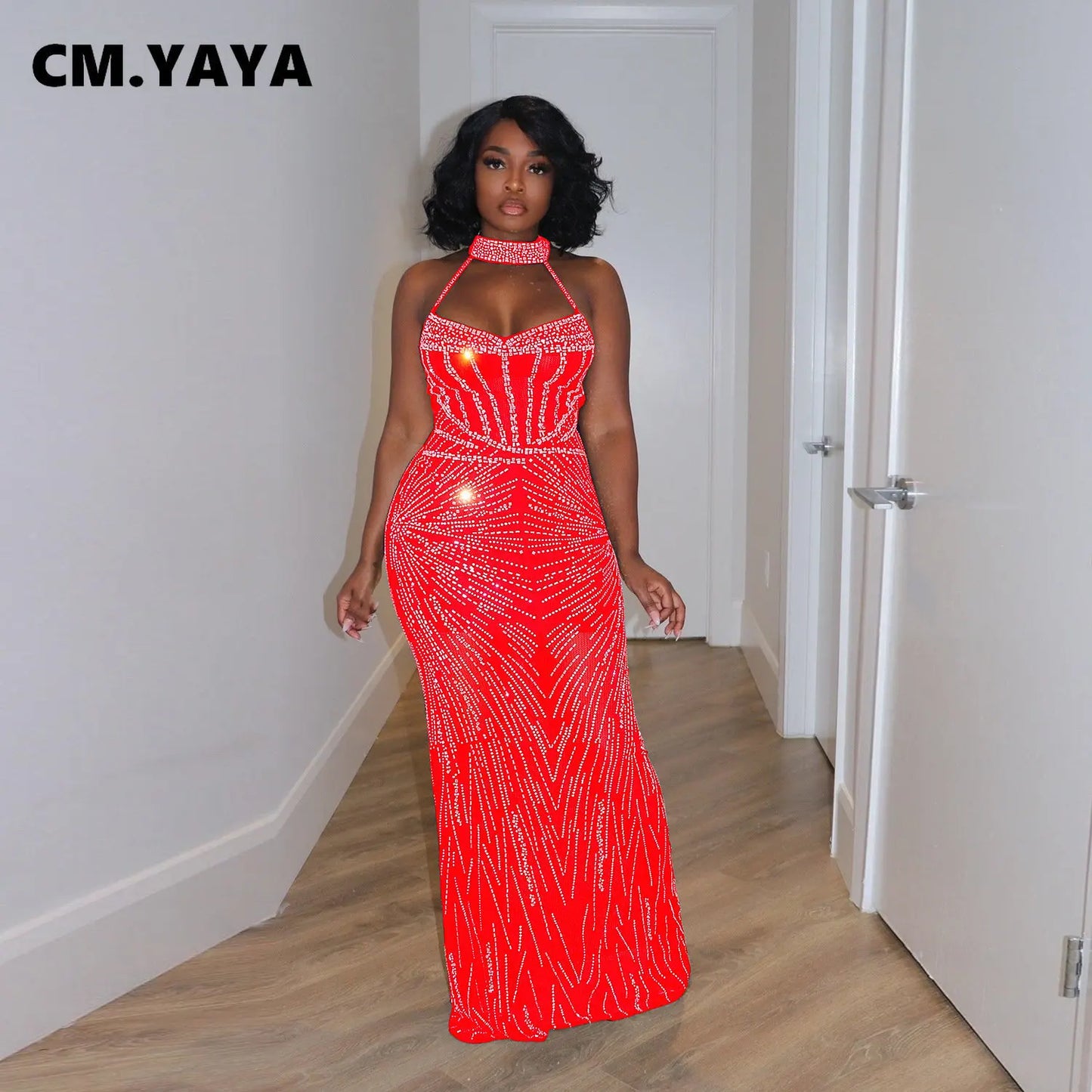 CM.YAYA Women Diamonds Hot Rhinestones Mesh See Though Halter Neck Floor Length Maxi Long Bodycon Midi Sexy Party Club Dresses