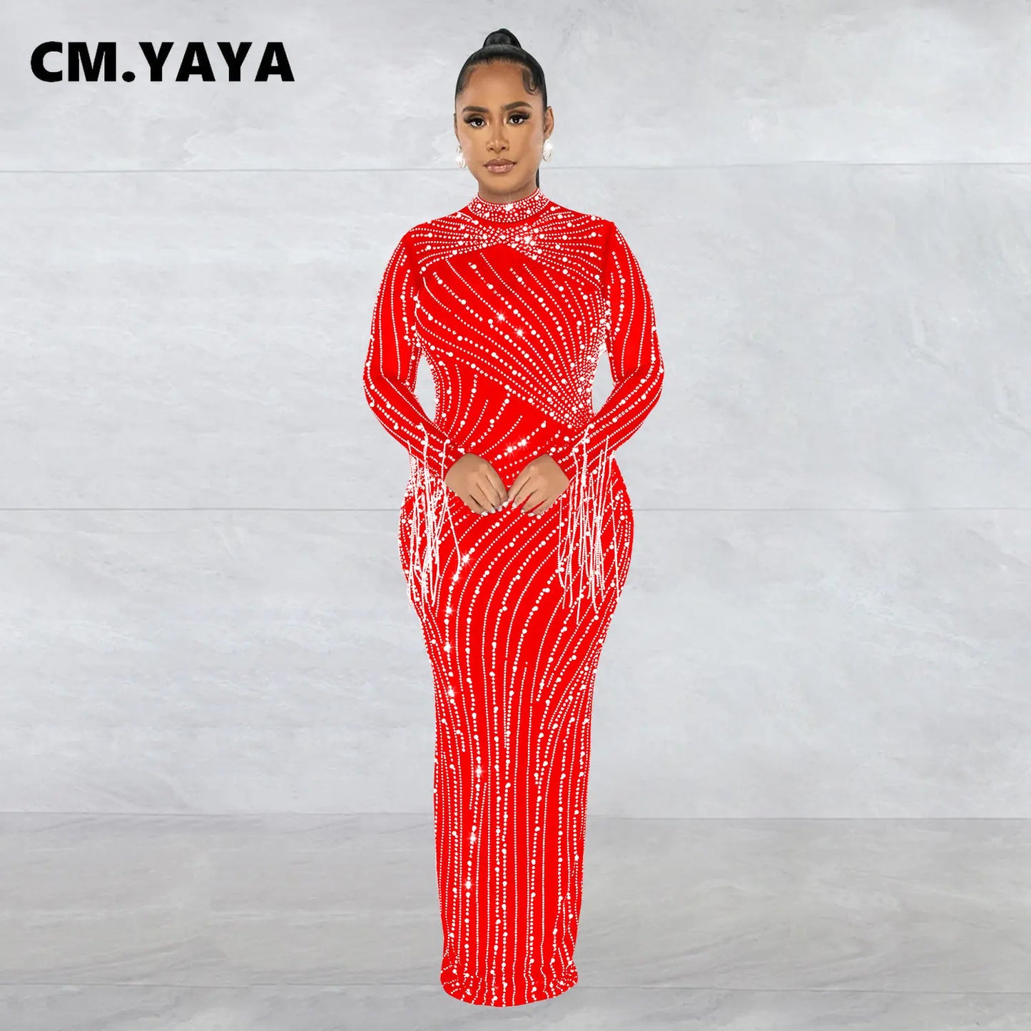 CM.YAYA Women Mesh Tassel Long Sleeve Diamonds Hot Rhinestones Bodycon Midi Maxi Long Dress and Tank Inner Dresses 2piece Suit