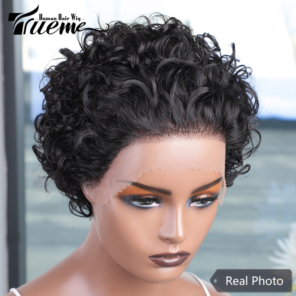 Pixie Cut Lace Wig Short Bob Curly Human Hair Wigs 13X1 Colored Brazilian Deep Curly Wave Transparent Lace Front Wig For Women