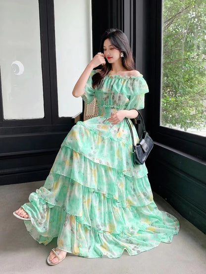 New Summer Women Sexy Slash Neck Off Shoulder Short Sleeve Slim Long Dress High Quality Sweet Ruffles Cake Hem Floral Dress