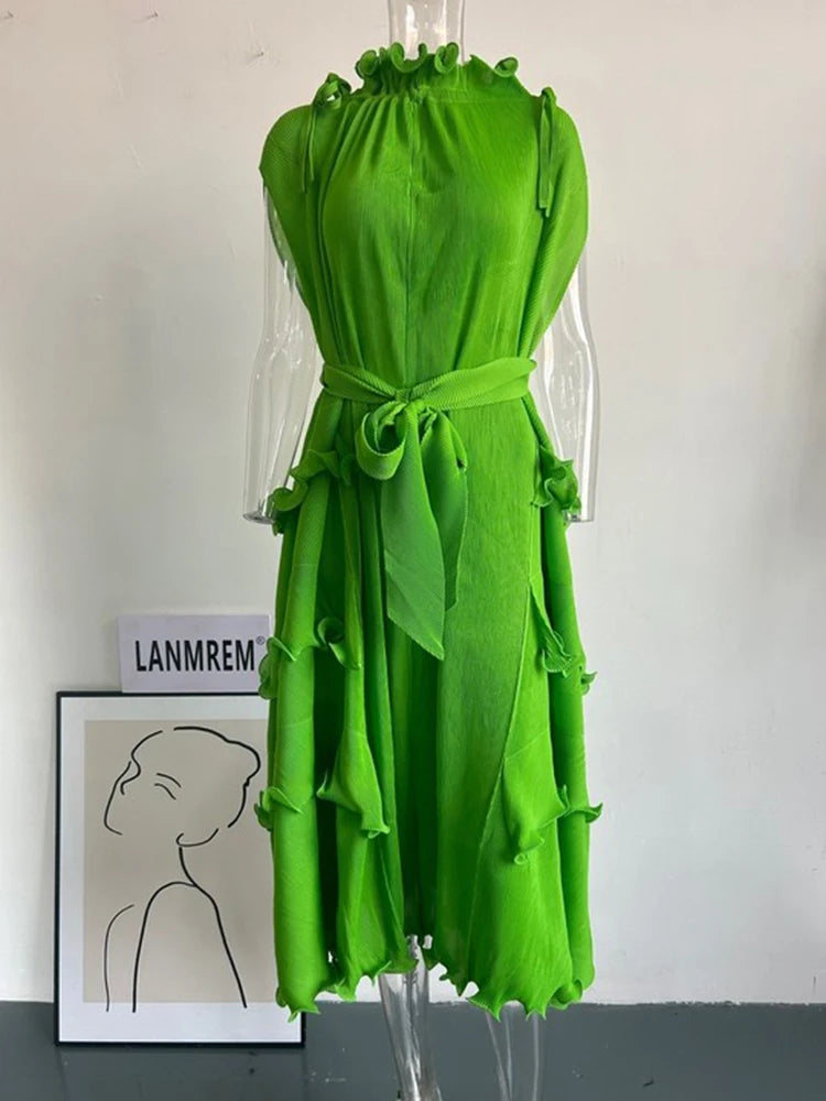 LANMREM Pleated Long Dress Female Loose Bandage Ruffles Design Solid Color Dresses Women's Fashion Clothing 2025 Spring 2W2090