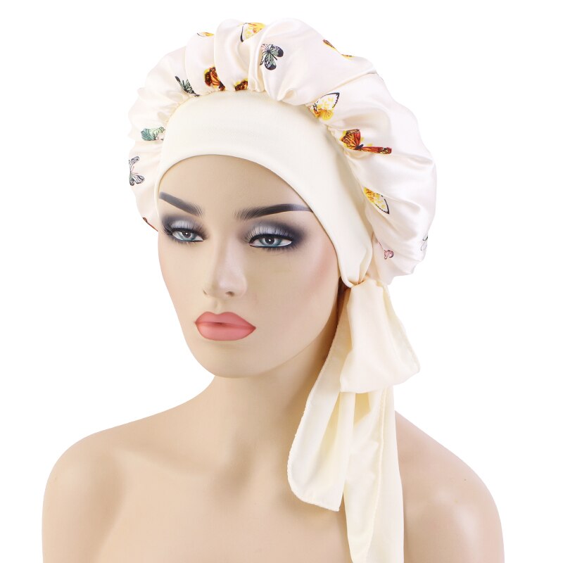 Extra Large Satin Sleeping Cap Hair Bonnet For Women African Pattern Ankara Print Long Tail Bonnets Wide Stretchy Band Hat