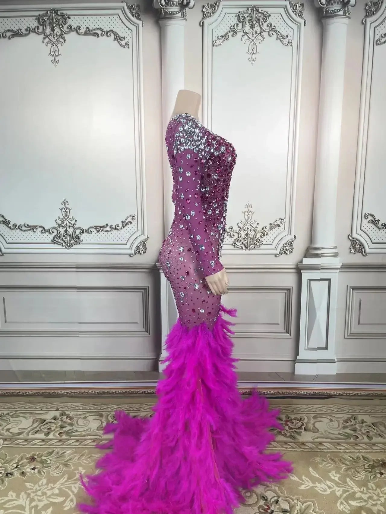 Sexy Festival Outfit Transparent Celebrate Evening Prom Gown Birthday Dress Women Luxury Gift Sparkly Rhinestones Feather Dress