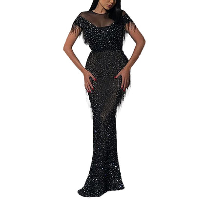 Sequin Tassels Sexy Slim Dress Ladies Mesh Short Sleeve Raglan Sleeve Elegant Evening Maxi Dress Night Party Gown