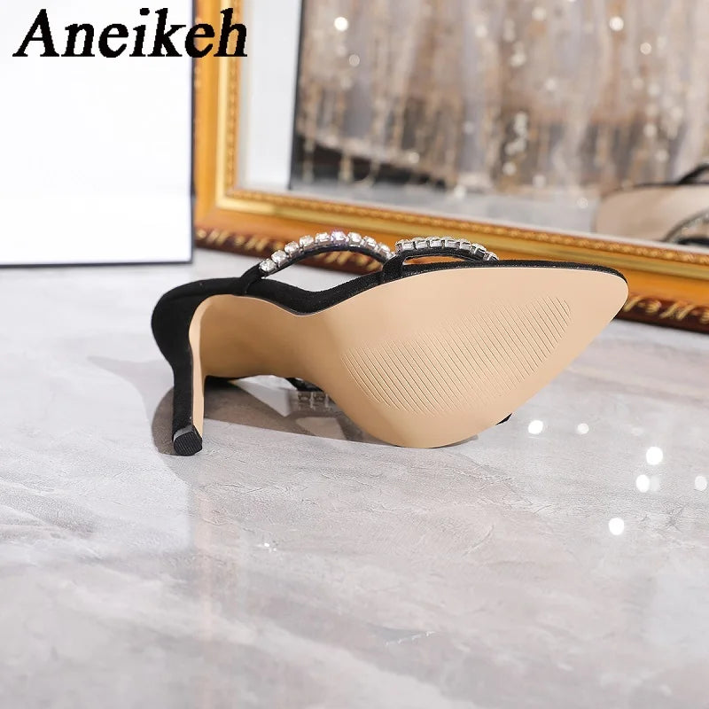 Aneikeh Sexy T-strap CRYSTAL GLADIATOR Pointed Toe Sandals Women Summer Buckle Strap Female Pumps Party Prom High Heels Shoes