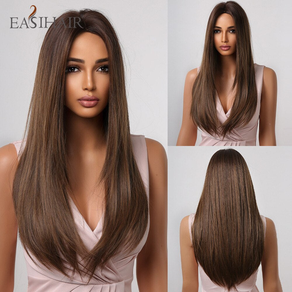 EASIHAIR Long Straight Synthetic Wigs for Women Ombre Brown Golden Blonde Middle Part Heat Resistant Cosplay Wig Natural Hair