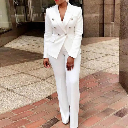 2Pcs/Set Lady Solid Color Lapel Suit Jacket Pants Set Long Sleeve Flap Pocket Double Breasted High Waist Blazer Pants Set Office