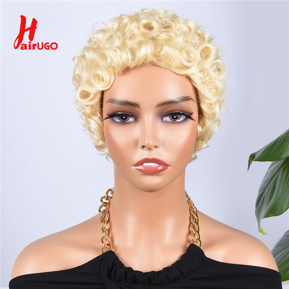 Short Blonde Full Machine Made Wigs For Women Cheap Pixie Cut Human Hair Wigs HairUGo Remy Blonde Pixie Cut Wig