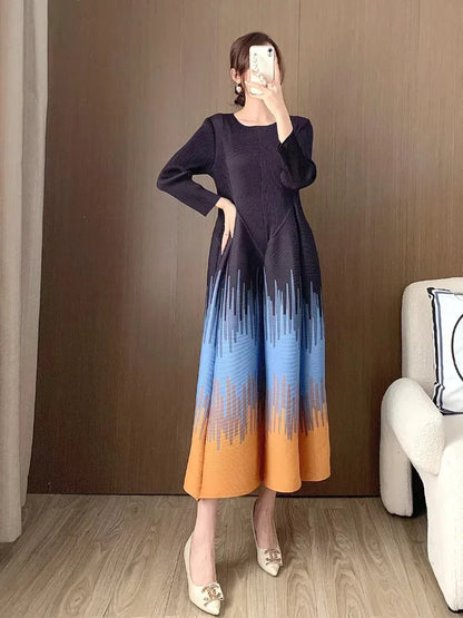 EGRM Pleated Printed Dress For Women 2024 New Round Neck Contrast Color Fold Sticthing Female A-line Evening Dresses 2RM4163