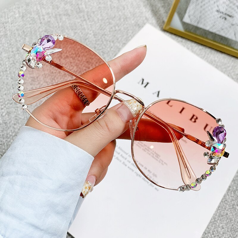 2022 High Quality Rimless Square Diamond Sunglasses Women Brand Designer Vintage Shades Female Pink Eyewear Gafas De Sol