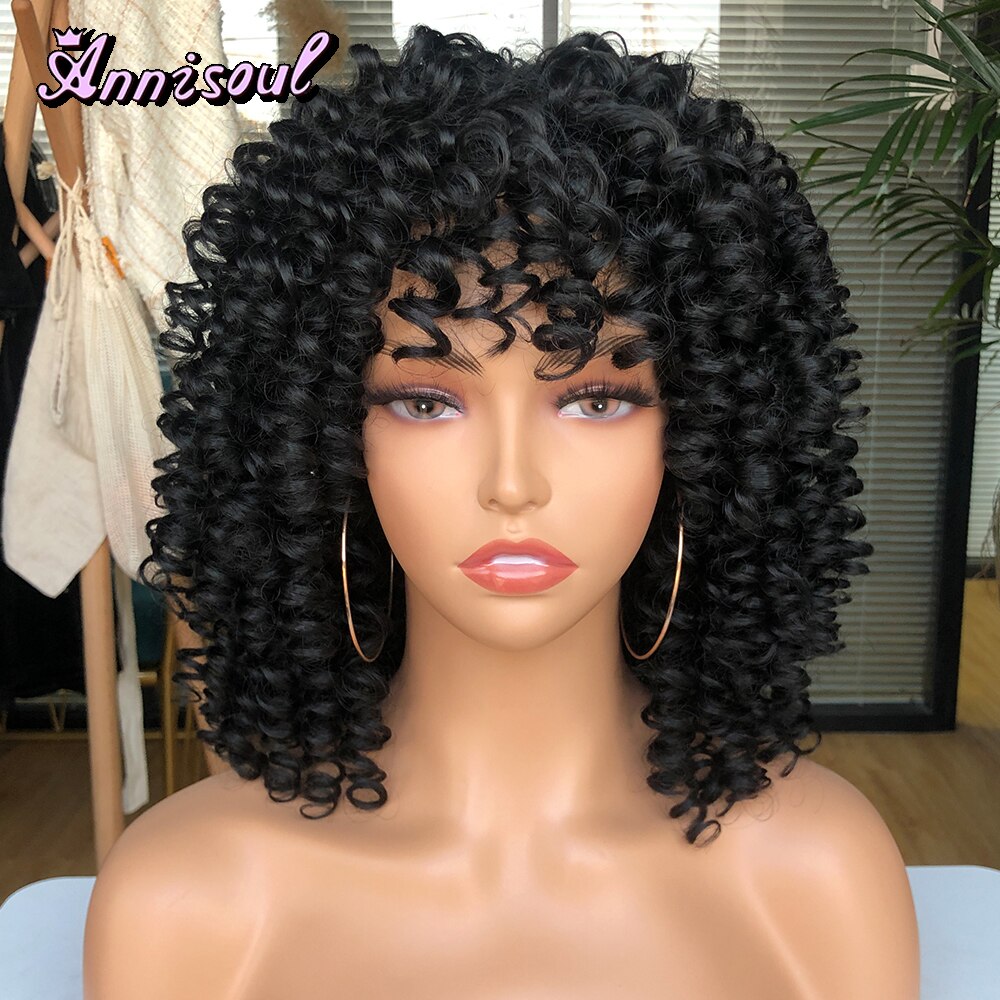 Short Hair Curly Wigs with Bangs for Black Women Synthetic Ombre Glueless Natural Curly Bob Wig High Temperature