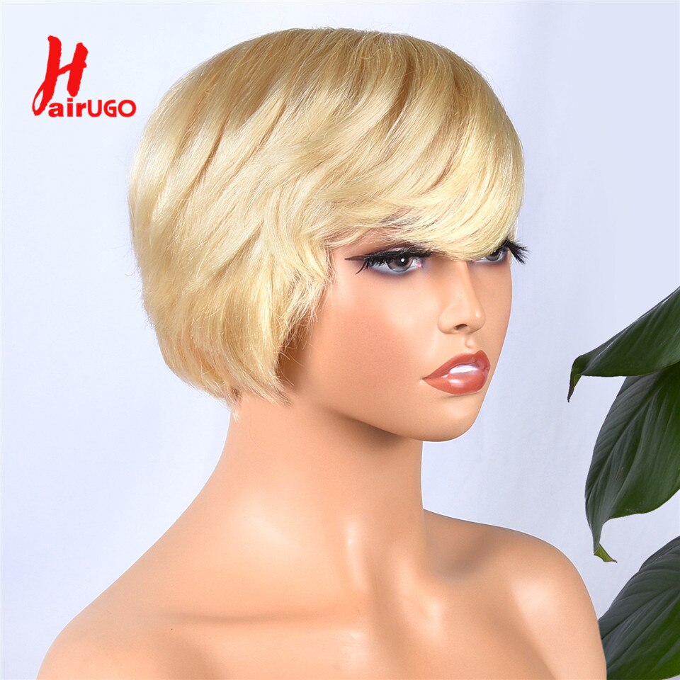 Short Blonde Full Machine Made Wigs For Women Cheap Pixie Cut Human Hair Wigs HairUGo Remy Blonde Pixie Cut Wig