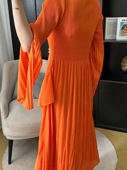 LANMREM Designer Pleated Long Dress For Women Sleeve Split Irregular Ruffles Solid Party Dresses Elegant 2024 Spring New 2DA4611