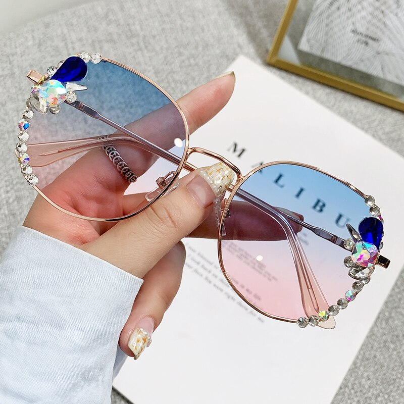 2022 High Quality Rimless Square Diamond Sunglasses Women Brand Designer Vintage Shades Female Pink Eyewear Gafas De Sol