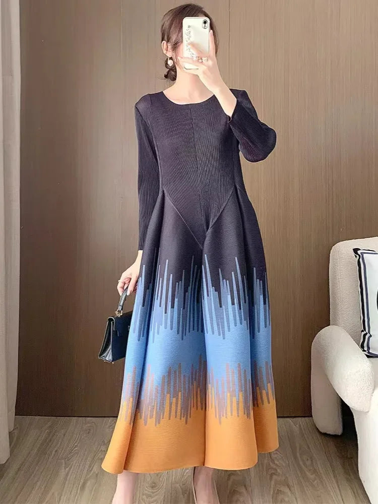 EGRM Pleated Printed Dress For Women 2024 New Round Neck Contrast Color Fold Sticthing Female A-line Evening Dresses 2RM4163