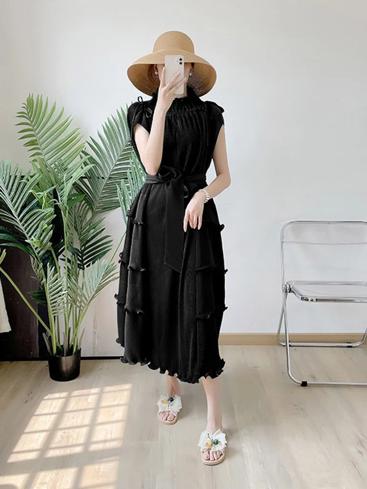 LANMREM Pleated Long Dress Female Loose Bandage Ruffles Design Solid Color Dresses Women's Fashion Clothing 2025 Spring 2W2090