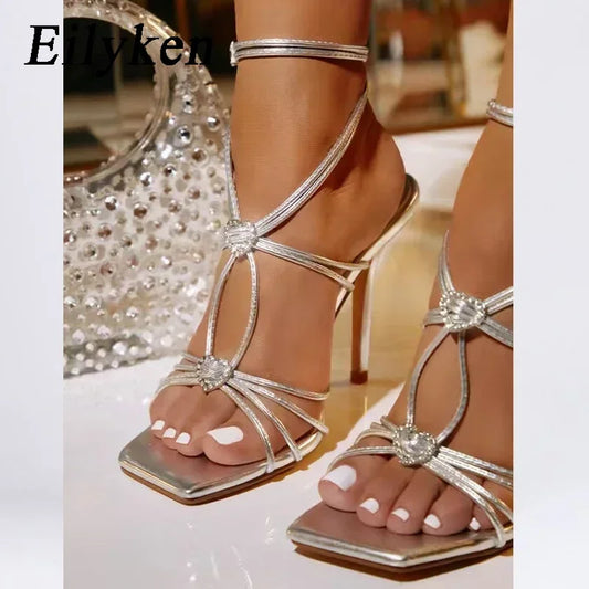 Eilyken Summer Narrow Band Buckle Strap Sandals Woman Square Toe Thin High Heels Shoes Gladiator Sexy Stripper Banquet Pumps