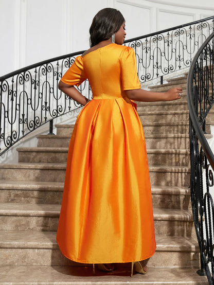 Sweet Women Orange Flare Princess Party Dress O Neck Short Sleeve Big Bow Elegant Pleated Gowns Formal Prom Birthday Event Robes