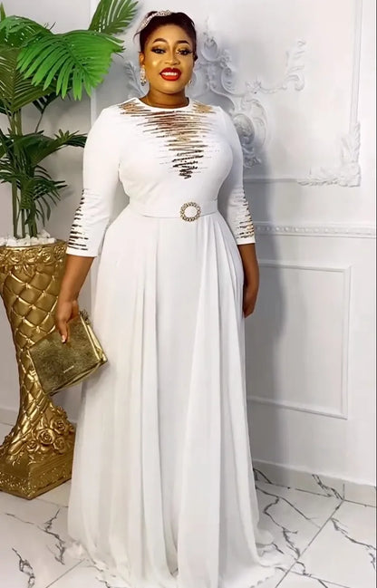 African Dresses for Women Spring Autumn African 3/4 Sleeve Polyester White Green O-neck Long Dress Maxi Dress African Clothes