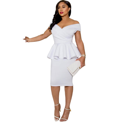 Ruffles Off-Shoulder Bodycon Dress Women Sexy Office Slim Knee-length Dress Ladies Elegant Party Midi Dress Female Work Wear