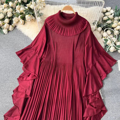 Batwing Sleeve o-Neck Oversized Skirt Hem Chiffon Dress 2024 Spring New Women's Design Feeling Pleated Dress Trend Long Skirt