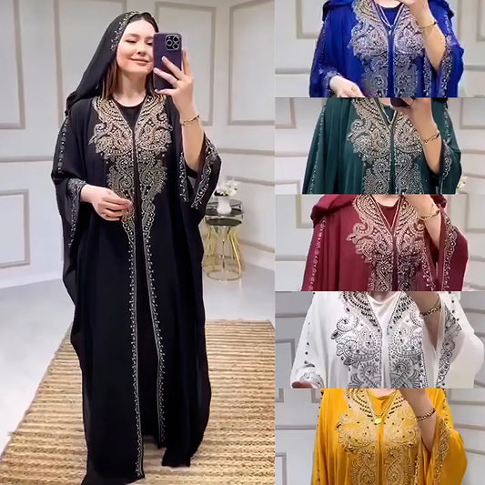 Women Eid Muslim Sets Dress Hooded Party Dresses Pearls Kaftan Patchwork Dubai Vestidos Long Robe Diamonds Abaya Autumn