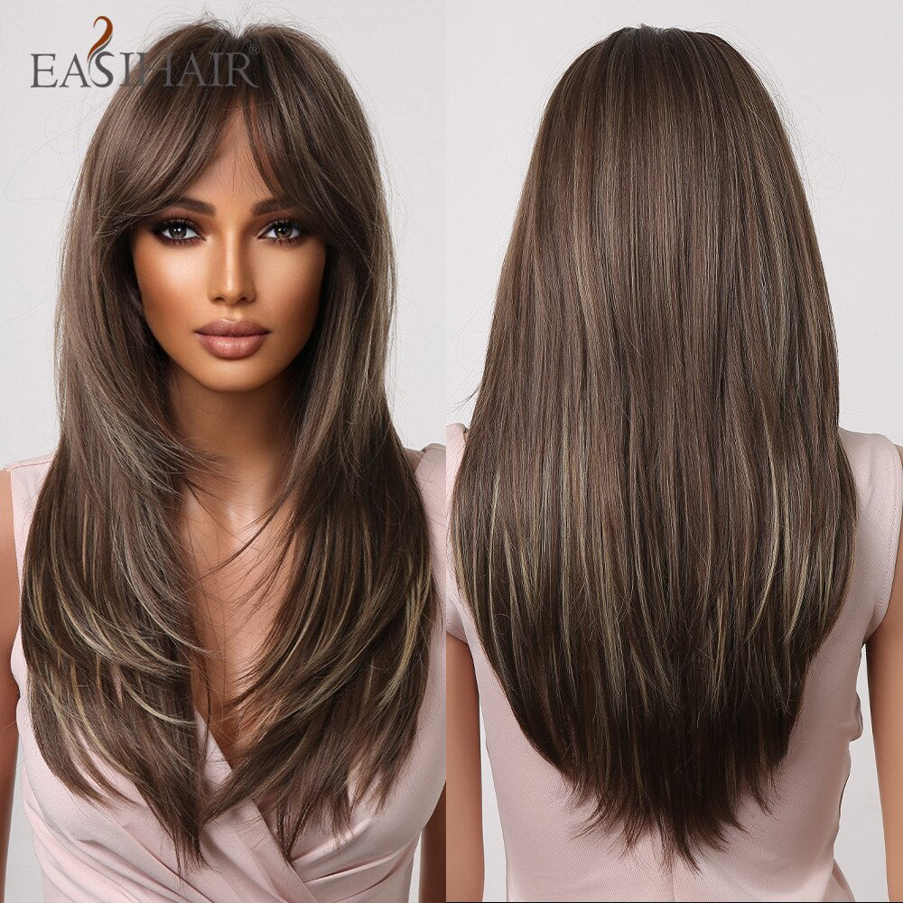 EASIHAIR Long Straight Synthetic Wigs for Women Ombre Brown Golden Blonde Middle Part Heat Resistant Cosplay Wig Natural Hair