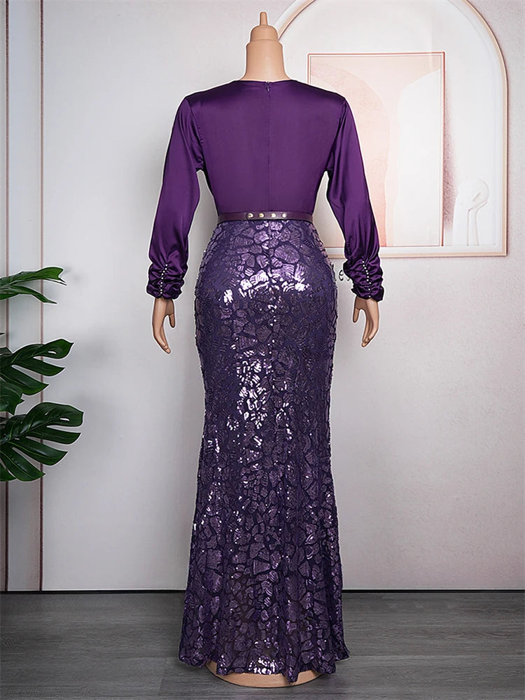 Elegant Party Dresses For Women 2023 Luxury Sequin Beads Prom Dress African Turkey V-neck Bodycon Robe Wedding Birthday Gowns