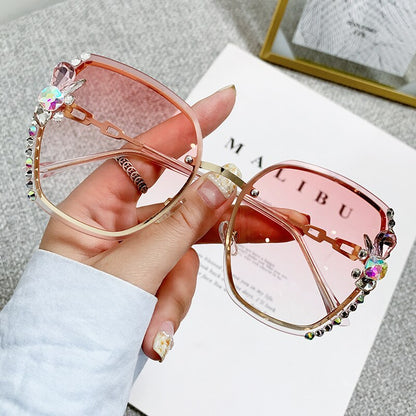 2022 High Quality Rimless Square Diamond Sunglasses Women Brand Designer Vintage Shades Female Pink Eyewear Gafas De Sol