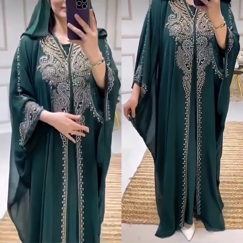 Beading Chiffon Maxi Dress Caftan Abaya Dubai Luxury Muslim Women Clothing Hijabs Femme Plus Size Hooded Long Dresses African