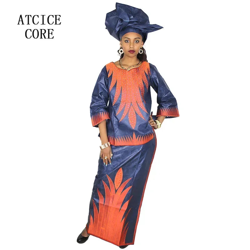 African Dresses For Women Church Dress Bazin Riche Embroidery Design Robe Top Scarf Three Pcs One Set