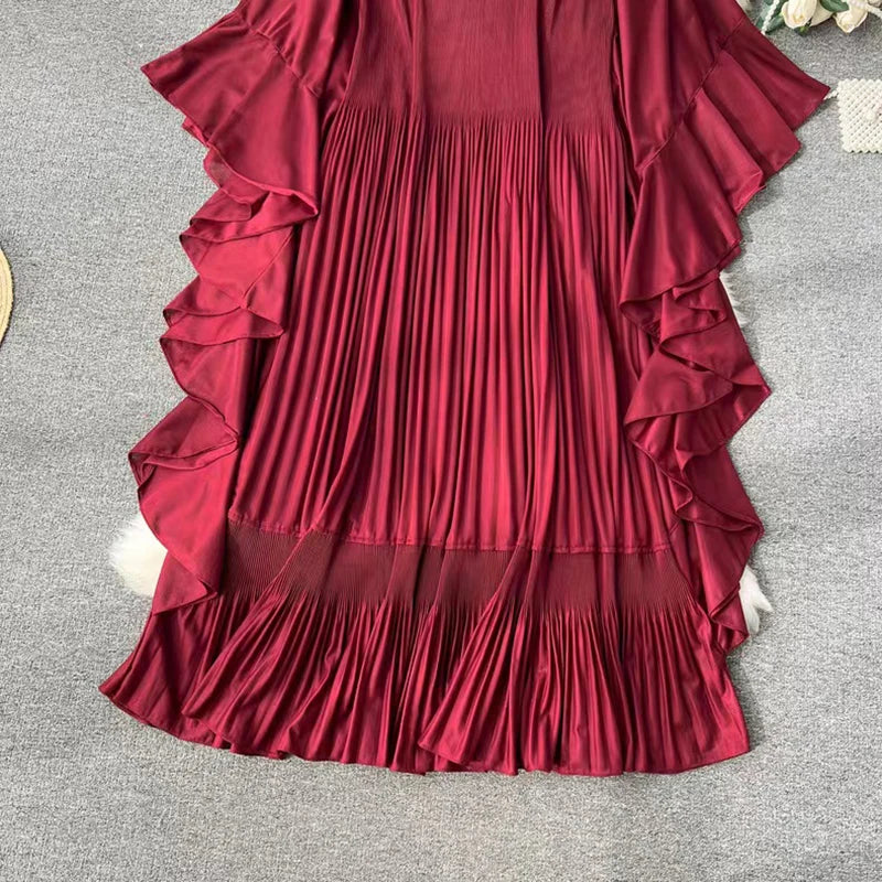 Batwing Sleeve o-Neck Oversized Skirt Hem Chiffon Dress 2024 Spring New Women's Design Feeling Pleated Dress Trend Long Skirt