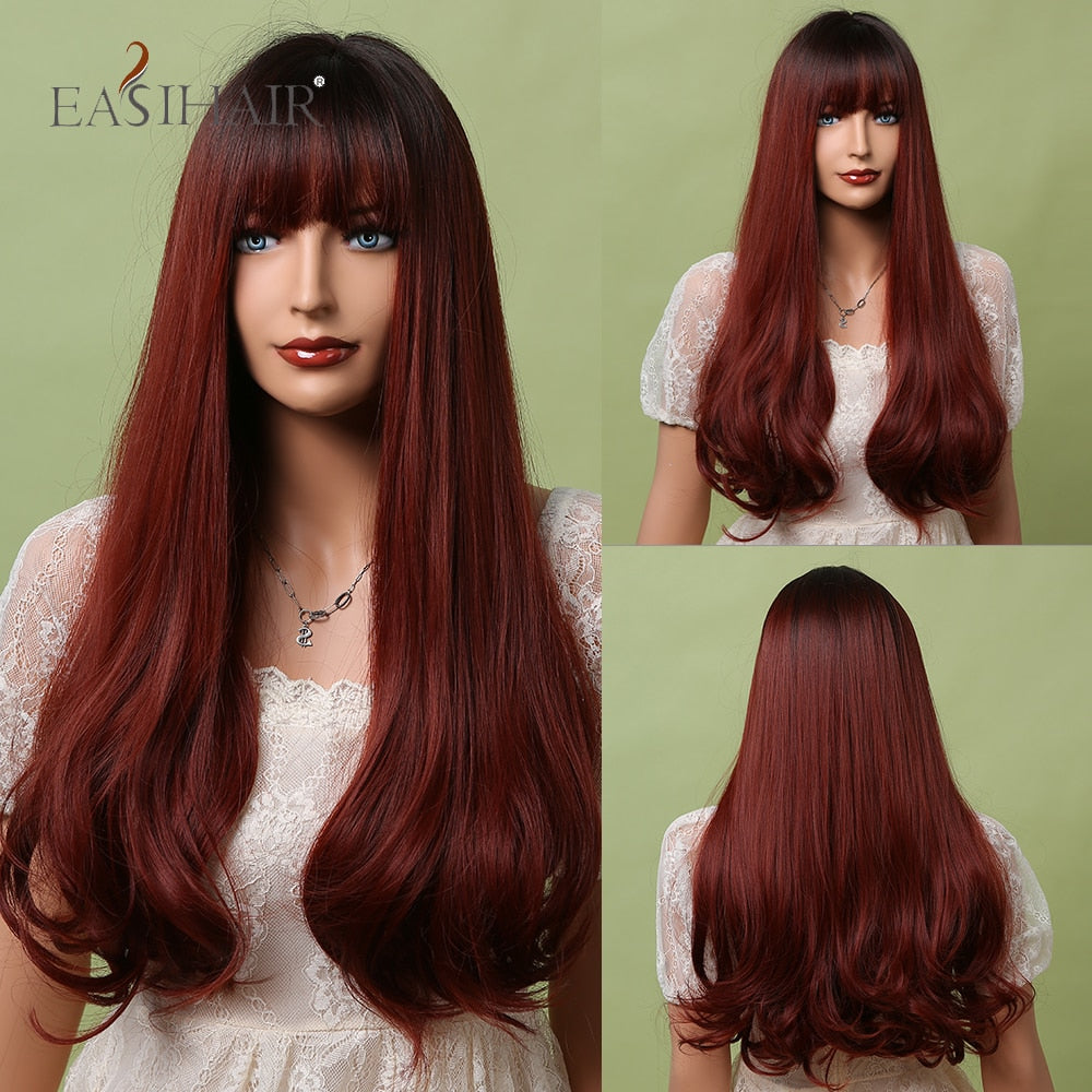 EASIHAIR Long Straight Synthetic Wigs for Women Ombre Brown Golden Blonde Middle Part Heat Resistant Cosplay Wig Natural Hair