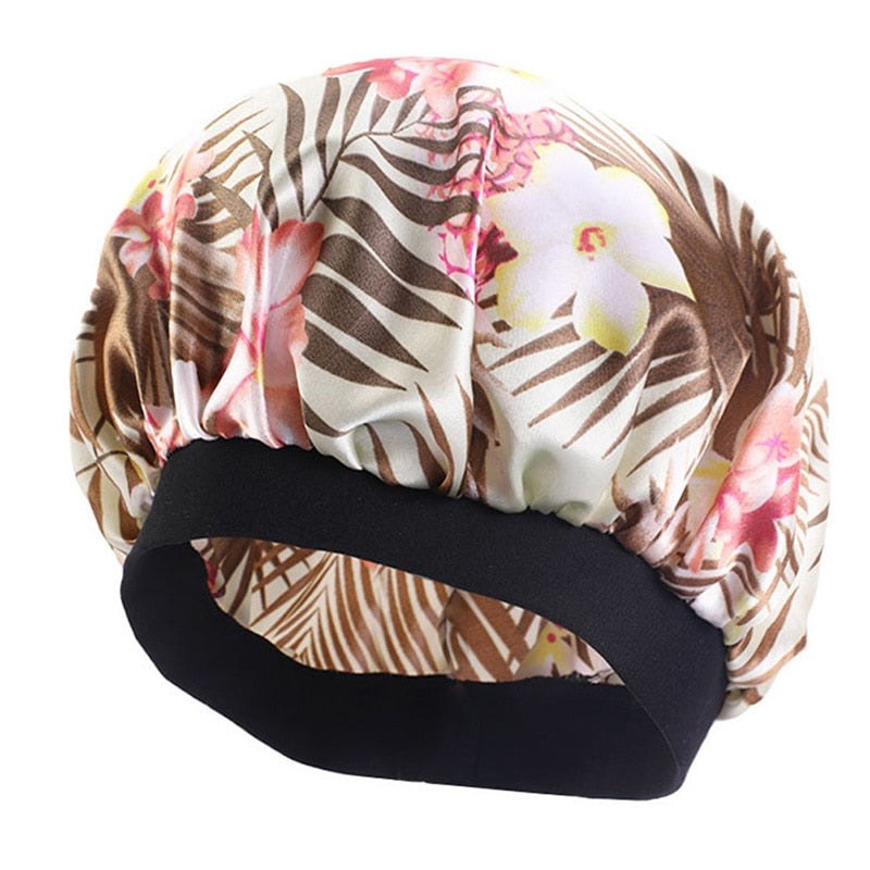 Printing Satin Bonnet For Women Elastic Wide Band Night Sleep Satin Hat Chemo Caps Hair Loss Cover Fashion Head Wrap Hair Care