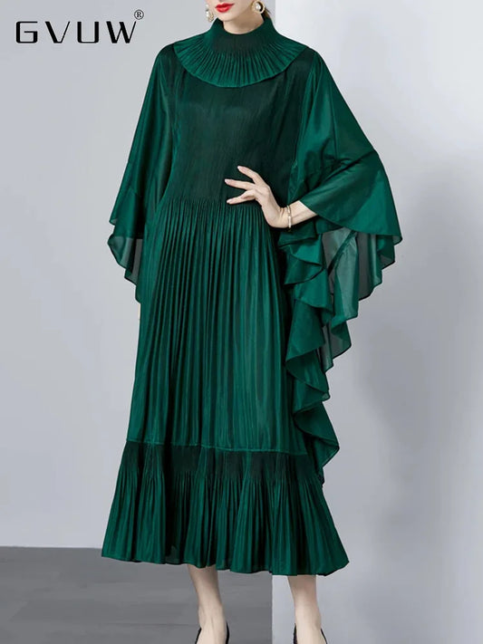 GVUW Pleated Elegant Dress Women Fashion Lapel Full Batwing Sleeve A Line Ruffles New 2024 Evening Party Long Dresses 17G5783