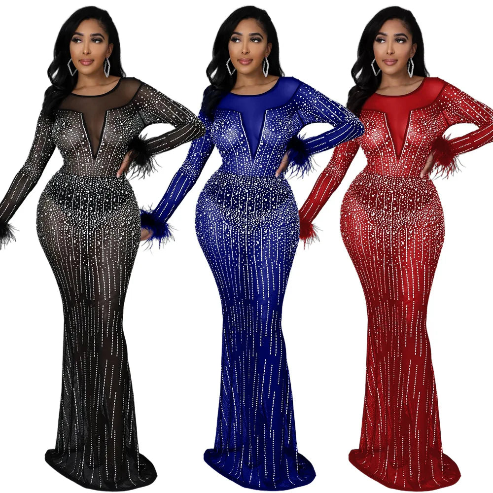 CM.YAYA Women Diamonds Hot Drill Mesh See Though Feather Long Sleeve Mermaid Maxi Dress Sexy Night Party Dresses Winter Spring