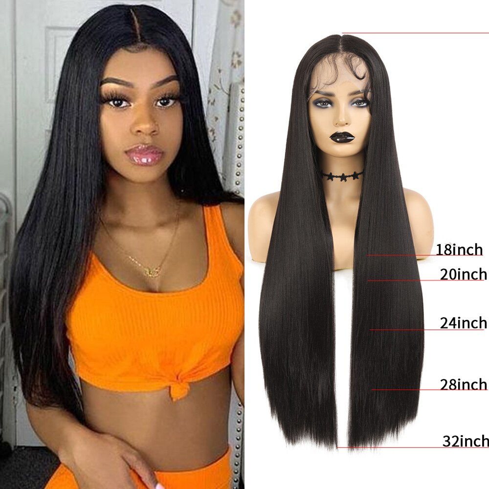 Synthetic Lace Front Wig For Black Women 32 Inches Super Long Body Wave Straight Hair Soku Middle Part Lace Wig With Baby Hair