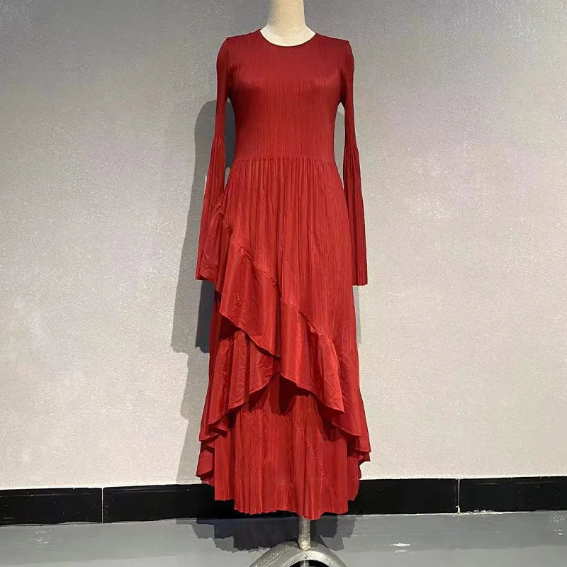 LANMREM Designer Pleated Long Dress For Women Sleeve Split Irregular Ruffles Solid Party Dresses Elegant 2024 Spring New 2DA4611