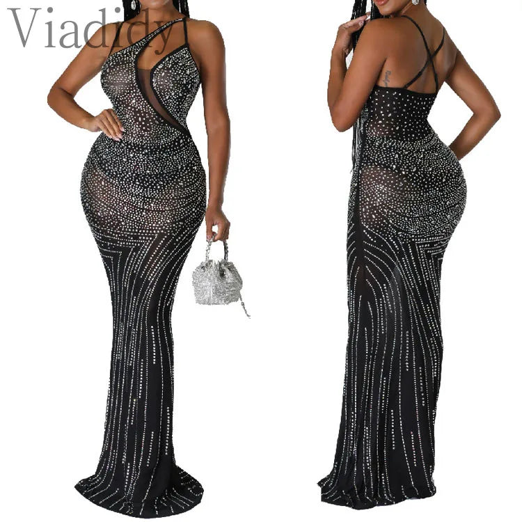 Rhinestone Mesh Sleeveless Back Criss-Corss Evening Party Dress