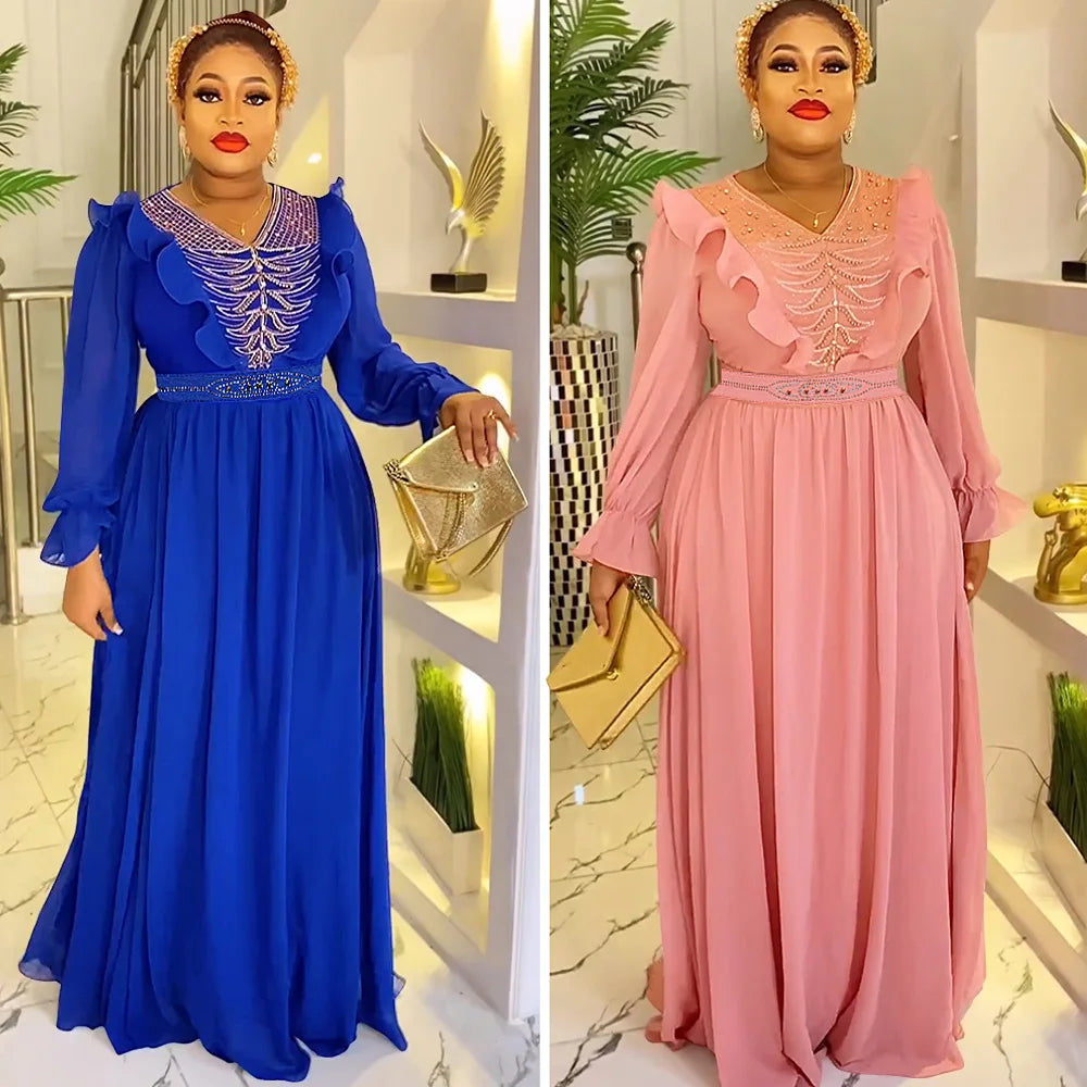 African Maxi Dresses For Women Evening Party Long Dress Africa Clothing Elegant Kaftan Muslim Chiffon Dress 2023 Plus Size