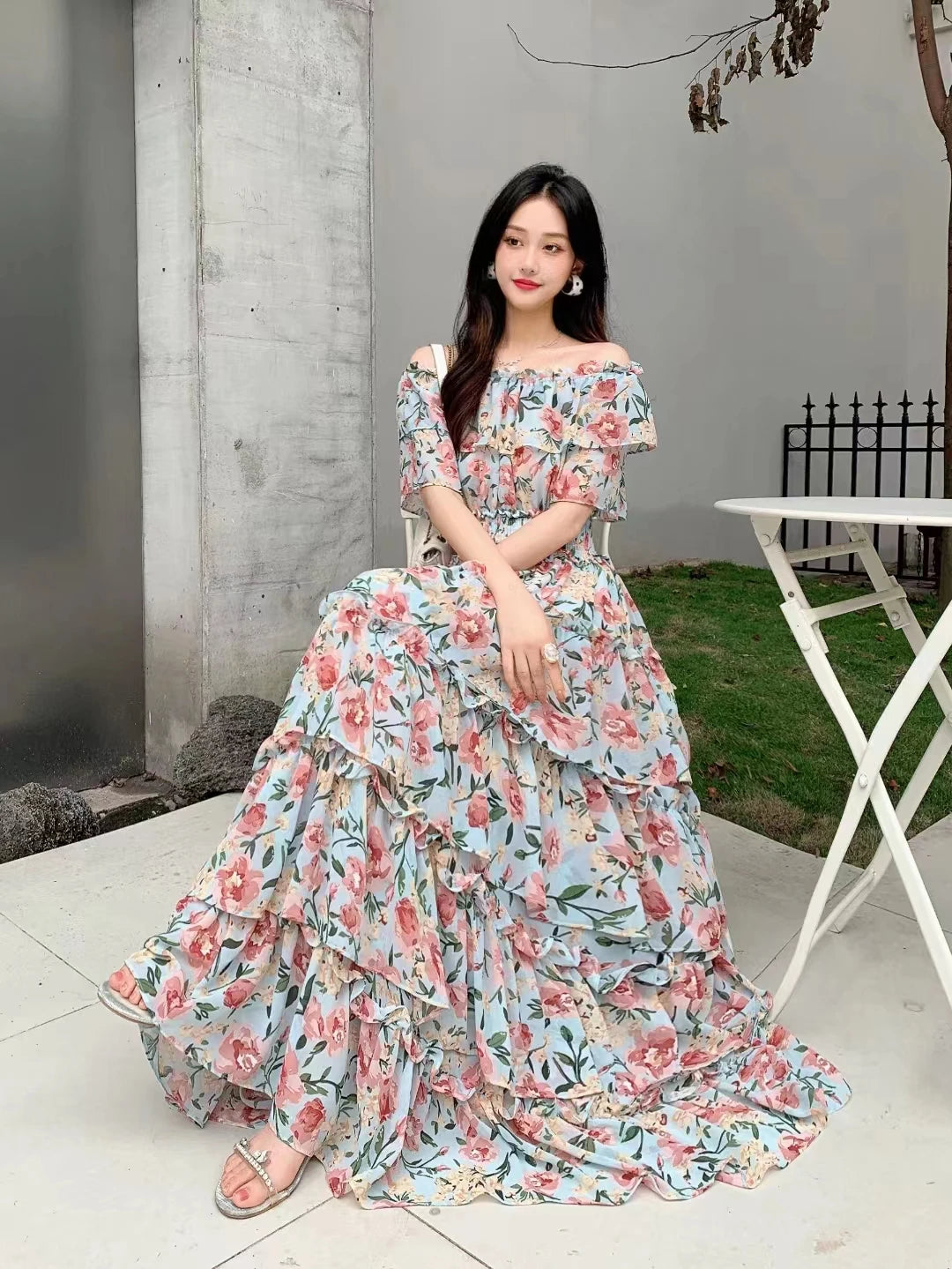 New Summer Women Sexy Slash Neck Off Shoulder Short Sleeve Slim Long Dress High Quality Sweet Ruffles Cake Hem Floral Dress