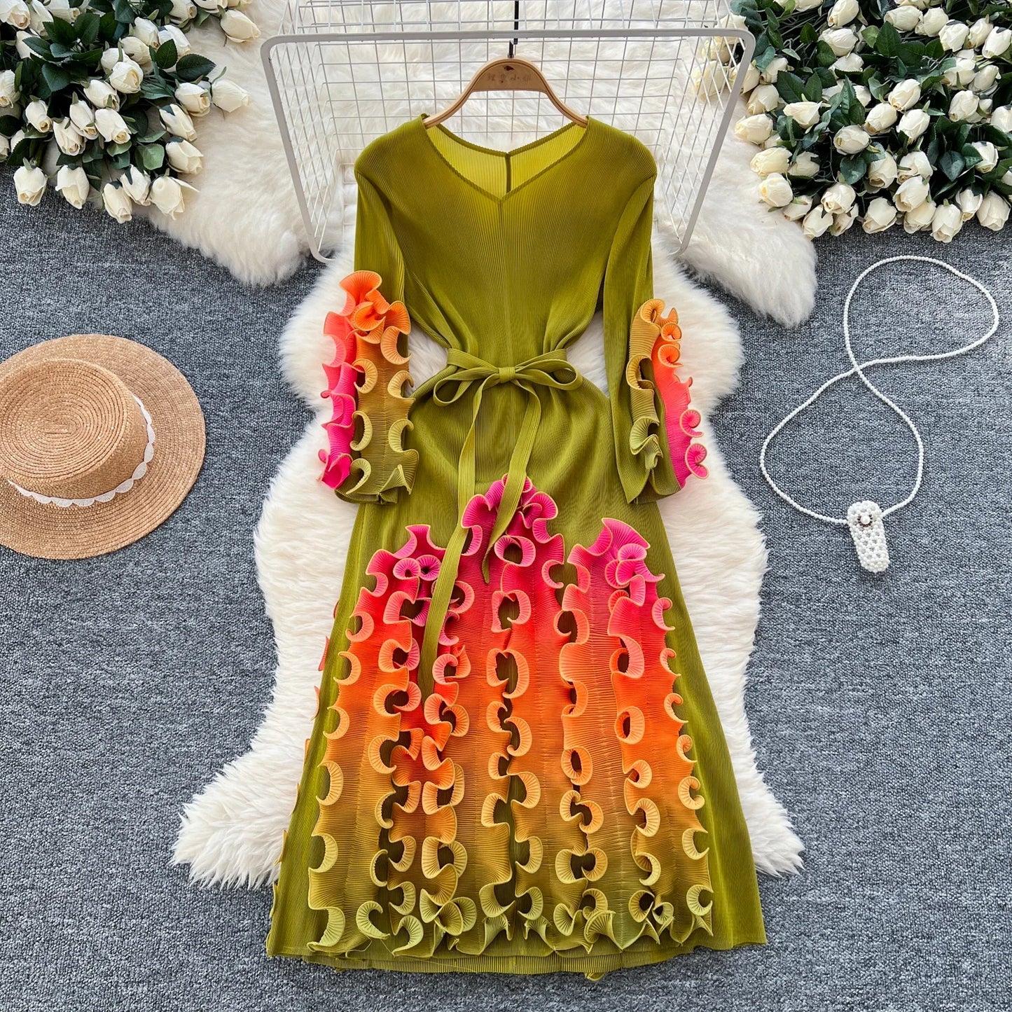 Vintage V-Neck Elegant Long Sleeve Chic Pleated Ear Fungus Edge Slim Bandage Dresses French Evening High Street Autumn Clothing