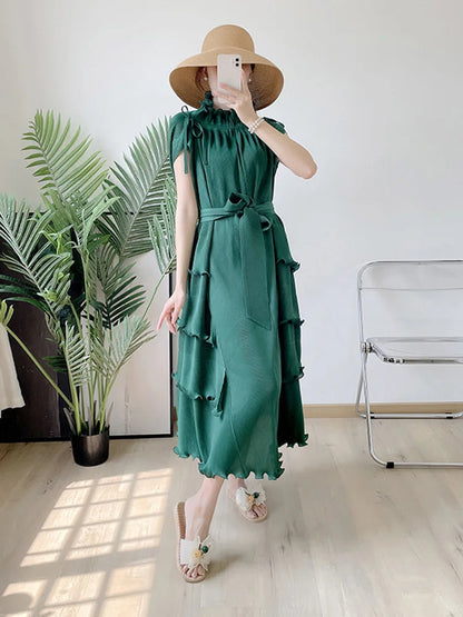 LANMREM Pleated Long Dress Female Loose Bandage Ruffles Design Solid Color Dresses Women's Fashion Clothing 2025 Spring 2W2090